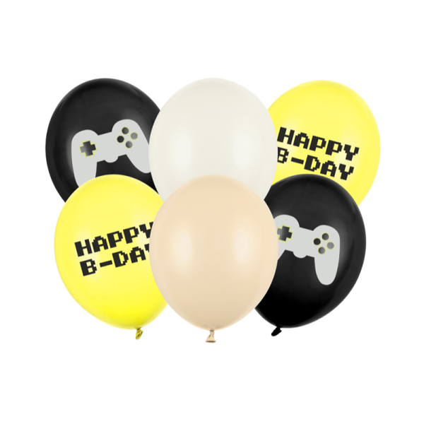 Zestaw balonów w różnych kolorach: czarne, żółte, białe i beżowe. Dwa balony czarne z grafiką kontrolera gier oraz dwa żółte z napisem 'HAPPY B-DAY' w stylu pixelowym. Całość składa się z sześciu balonów.