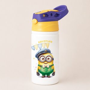 Bidon z rysunkiem Miniona w mundurze, noszącego okulary i muszkę, z napisem "KRYSTIAN".