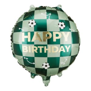 Balon w kształcie okrągłym z motywem piłkarskim, w zielono-białą kratę, z napisem 'HAPPY BIRTHDAY' w złotym kolorze oraz obrazkami piłek nożnych i schematami gry.