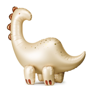 Balon w kształcie dinozaura, złoty z dodatkowymi brązowymi detalami, stojący na czterech nogach, z długą szyją i ogonem, na białym tle.