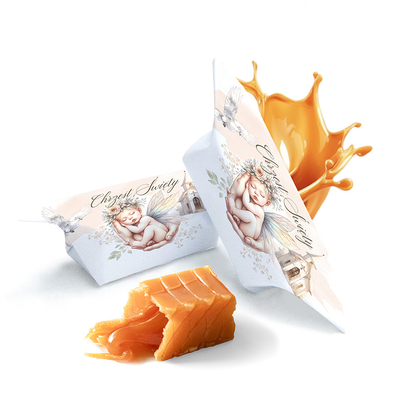 Opakowanie z cukierkami, przedstawiające niemowlę z skrzydłami w pastelowych kolorach, obok plastry karmelu i kropla karmelu splątującego z tła.