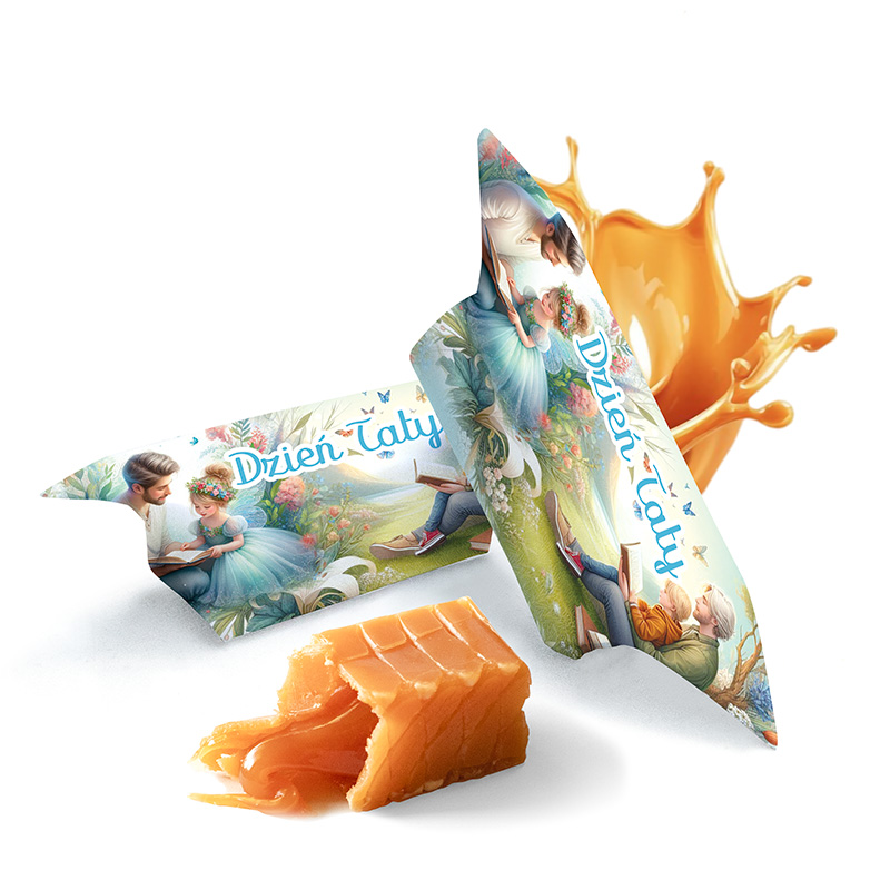 Papierowe opakowanie z grafiką przedstawiającą ojca i córkę, z napisem 'Dzień Taty', obok niego kawałek toffi i rozprysk karmelu w tle.