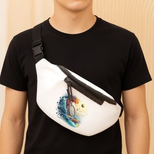 Mężczyzna w czarnym T-shircie noszący torbę na przekątnej z białym tłem i kolorowym wzorem przedstawiającym piłkę tenisową oraz profesjonalną rakietę sportową w stylu fal. Tło torby składa się z abstrakcyjnych fal i kolorowych detali.