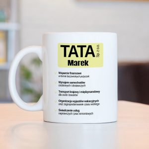 Mug with a white surface displaying the text 'TATA Marek Sp. z o.o.' and a list of services including financial support, car rental, domestic and international transport, organization of trips, and provision of repair services.