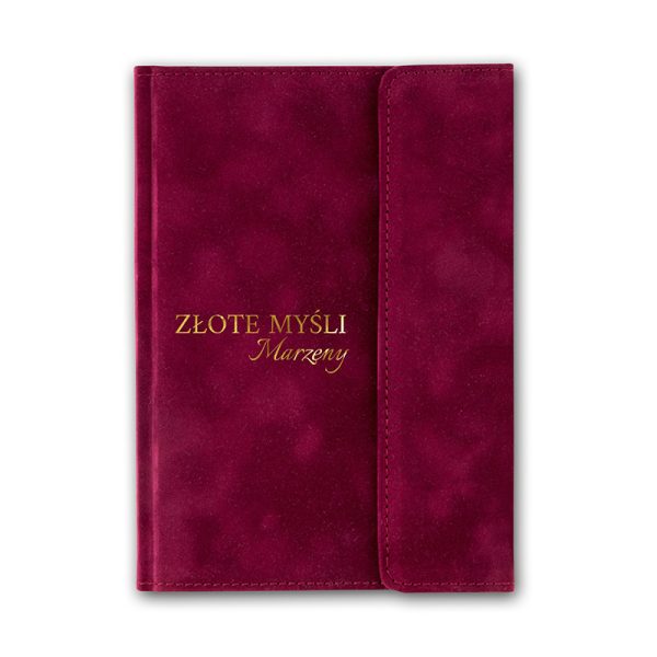 Elegancki notes w kolorze bordowym z napisem 'ZŁOTE MYŚLI Marzeny' wykonanym złotym drukiem na przedniej okładce.