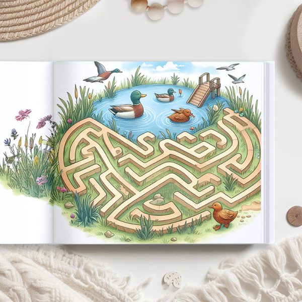 Ilustracja labiryntu w formie rzeki otoczonej roślinnością, z pływającymi kaczkami i drewnianym pomostem, w pastelowych kolorach, w tle błękitne niebo z chmurami.