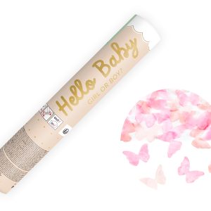 Papierowy rulon z napisem 'Hello Baby' i pytaniem 'Girl or Boy?' w kolorze złotym, obok kolorowe, wodniste motyle w odcieniach różu i bieli.