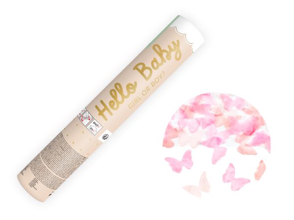 Papierowy rulon z napisem 'Hello Baby' i pytaniem 'Girl or Boy?' w kolorze złotym, obok kolorowe, wodniste motyle w odcieniach różu i bieli.