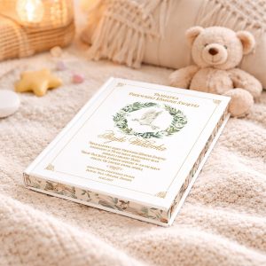 Książka w ozdobnej oprawie leży na jasnym, miękkim kocyku, obok misia pluszowego i dekoracyjnych przedmiotów.