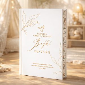 Biały album z ozdobnymi elementami i tekstem 'Pamiątka Chrztu Świętego Bijki Wiktorii', z ilustracją gołębia i liści, na tle przytulnego wnętrza z delikatnym oświetleniem.