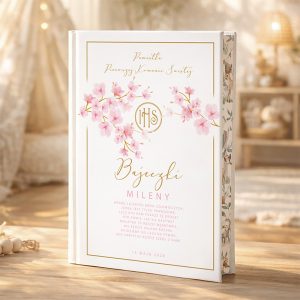 Okładka książki z tytułem 'Bajeczki Mileny' na białym tle, ozdobiona delikatnymi różowymi kwiatami i złotym napisem. W dolnej części znajduje się tekst związany z pierwszą komunią i datą 15 maja 2028.