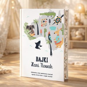 Okładka książki zatytułowanej 'Bajki Hani Nowak', ozdobiona ilustracjami zwierząt takich jak koala, kangur, krokodyl i ptaki, w otoczeniu palm i innych roślin. W dolnej części znajduje się dedykacja napisane w kolorze czarnym.