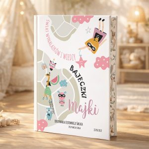 Okładka książki "Bajeczki Majki" z kolorowymi ilustracjami bohaterów, takich jak dziewczynka w masce, sympatyczne zwierzęta i różnorodne przedmioty, z napisem 'Świat wynalazków i wiedzy'. Książka ma delikatne zdobienia po bokach i datę 22/05/2027.