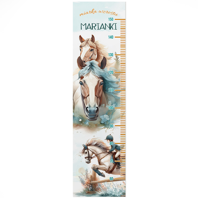 Miarka wzrostu z motywem koni, z wizerunkami dwóch koni na górze oraz konia skaczącego z jeźdźcem na dole, z zaznaczonymi wartościami wzrostu od 60 do 150 cm.