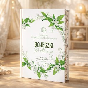 Biała książka z ozdobną okładką, na której widnieją napisy 'Pamiątka Pierwszej Komunii Świętej' oraz 'Bajeczki Mateusz', otoczona dekoracyjnymi liśćmi i kwiatu konwalii; tło blurodzone neutralne z elementami dekoracyjnymi.