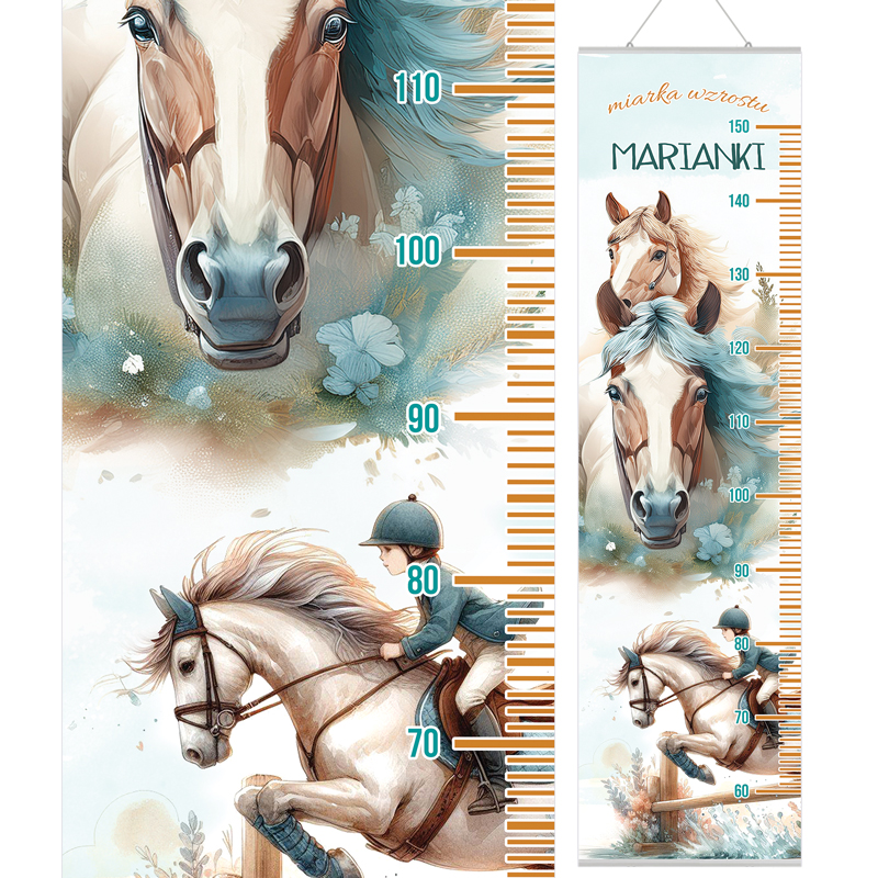 Wzrostomierz z wizerunkiem koni i jeźdźca na tle pastelowych kolorów, z miarką w centymetrach do 150, oznaczeniami co 10 cm, przedstawiającymi konia z przodu i jeźdźca skaczącego na koniu.