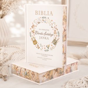 Personalizowana biblia z okazji chrztu z imieniem, podpisem i datą.
