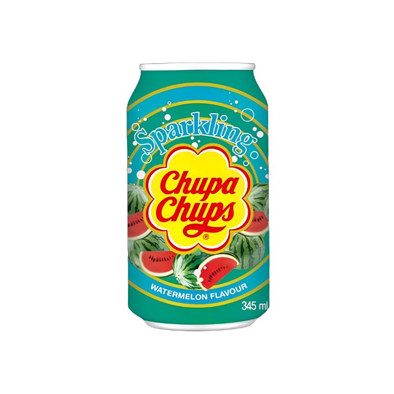 Puszka napoju gazowanego Chupa Chups o smaku arbuza, z graffiti 'Sparkling' i logo Chupa Chups na jasnozielonym tle, otoczonym ilustracjami cząstek arbuza, pojemność 345 ml.