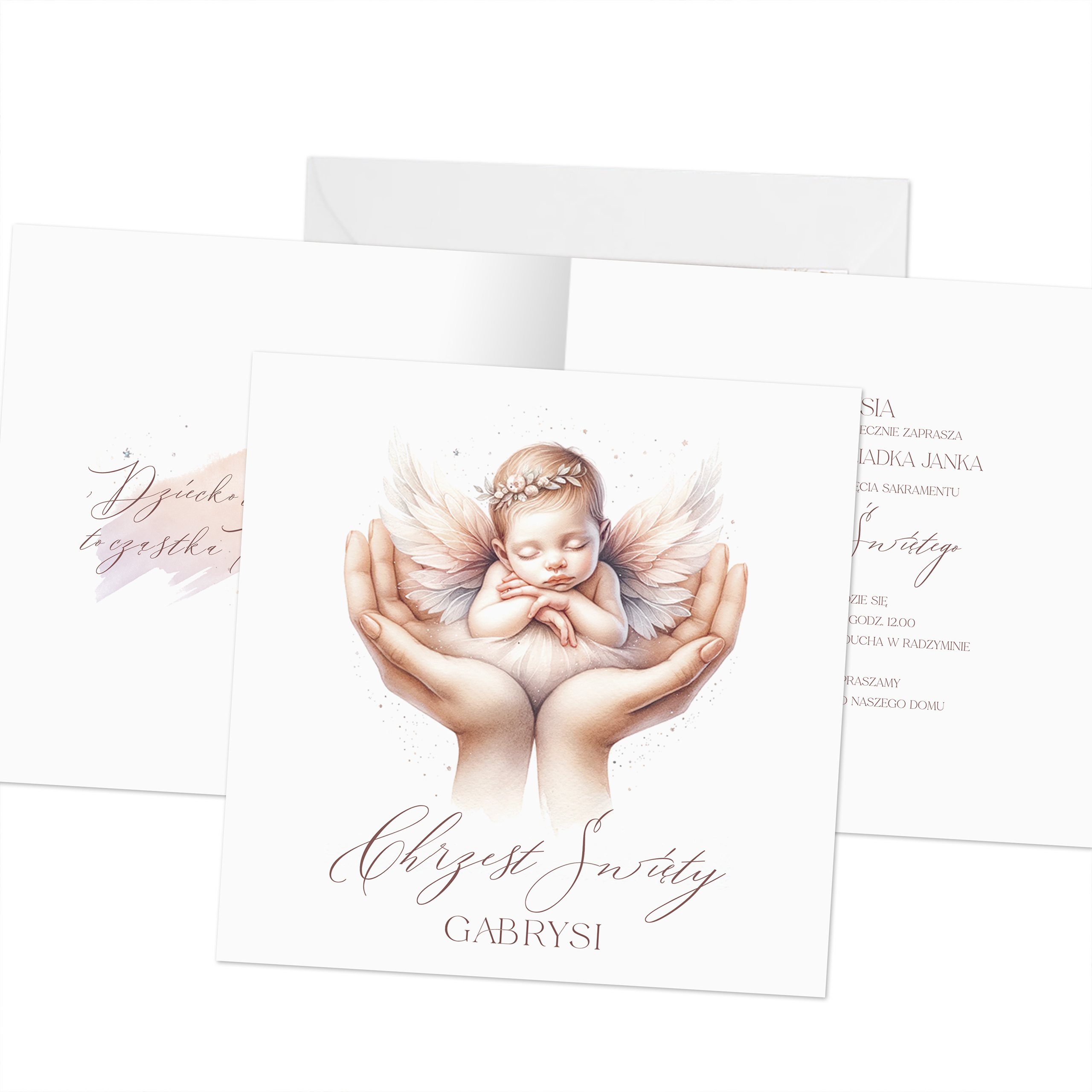 Kartka zaproszeniowa na chrzest, z ilustracją aniołka leżącego w dłoniach, napisem 'Chrzest Święty Gabrysi' oraz delikatnym tłem w pastelowych kolorach.