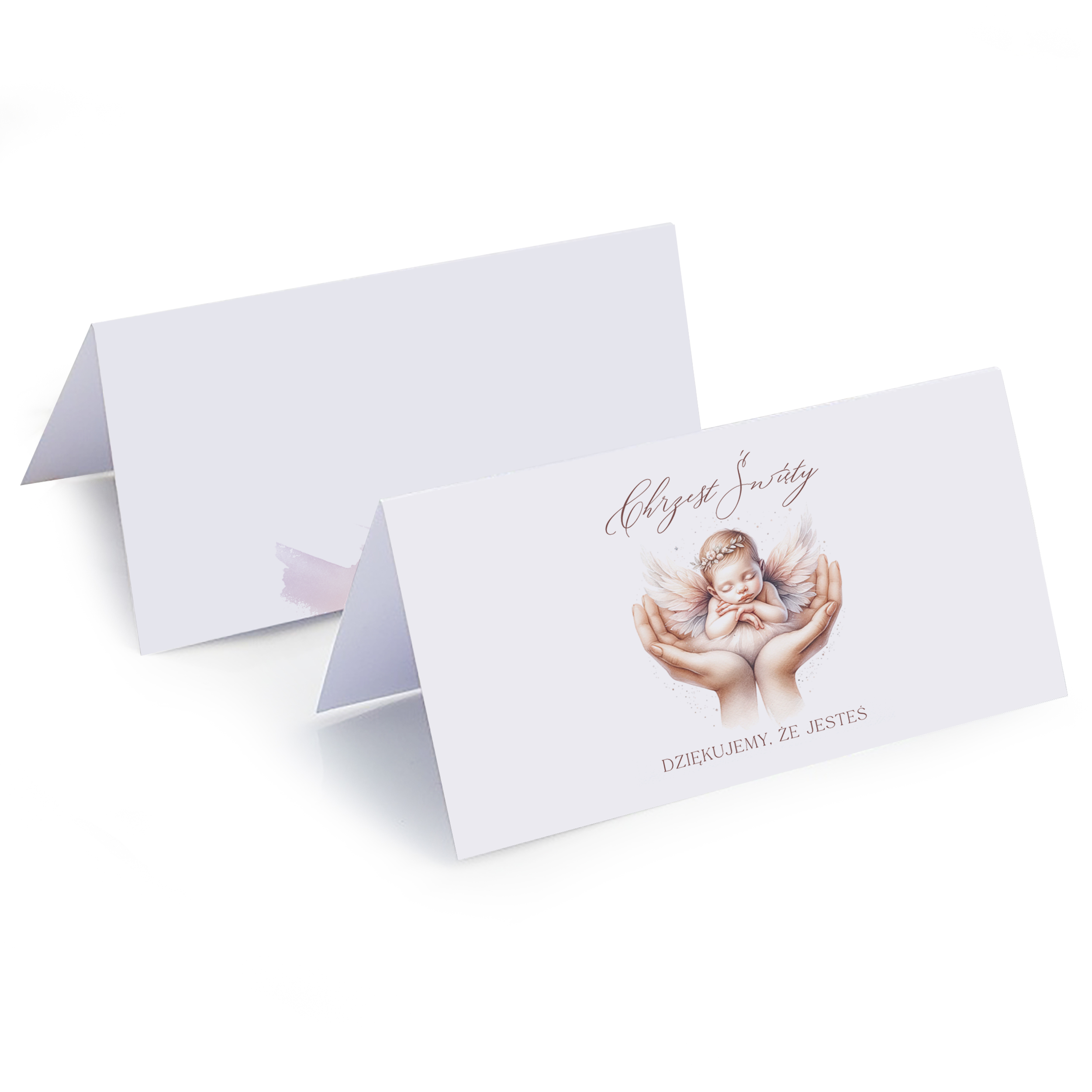Kartka z okazji Chrztu Świętego, na której widnieje wizerunek śpiącego niemowlęcia z anielskimi skrzydłami trzymanego w dłoniach, z napisem "Chrzest Święty" oraz "Dziękujemy, że jesteś".