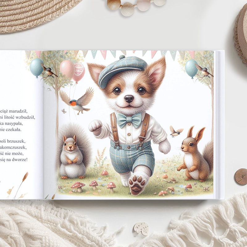 Ilustracja przedstawiająca urocze szczenię rasy corgi w eleganckim stroju z muszką i kapeluszem, biegnące po trawie w towarzystwie wiewiórki i zająca; w tle baloniki, drzewo i ptak na gałęzi, scenka z przyjęcia w otoczeniu kolorowych grzybów.