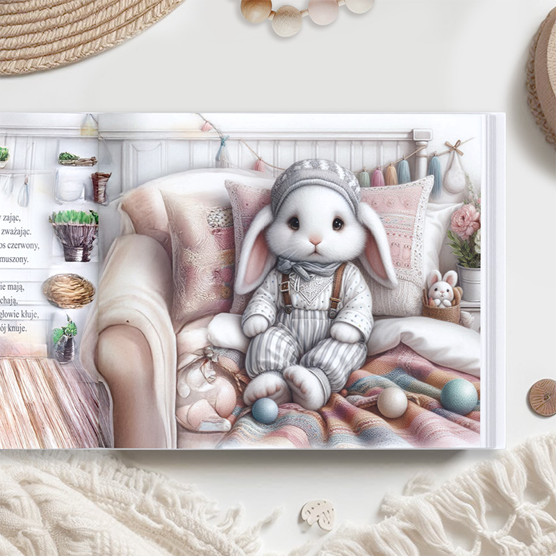 Rysunek uroczej, dużej królika siedzącej na kanapie, ubranego w szare ubranko w paski i czapkę, otoczonej poduszkami i kolorowymi kulkami, w przytulnym wnętrzu z pastelowymi dekoracjami.