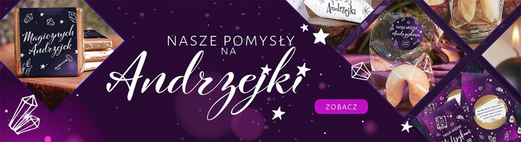 Grafika promująca Andrzejki z tekstem "Nasze pomysły na Andrzejki". Na tle fioletowym widoczne ilustracje kryształów i gwiazdek oraz różnorodne produkty związane z tradycją Andrzejek, takie jak ciasteczka wróżbiarskie, w eleganckim opakowaniu oraz inne dekoracje.