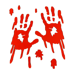 Czerwone odciski dłoni na białym tle, z kroplami i smugami farby przypominającymi plamy krwi.