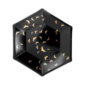 Czarny talerz w kształcie sześciokąta z metalicznymi, złotymi motywami nietoperzy na powierzchni.