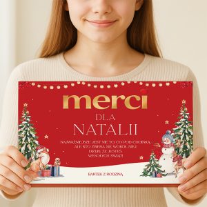 Bombonierka merci ze świąteczną etykietą. Pomysł na prezent świąteczny.