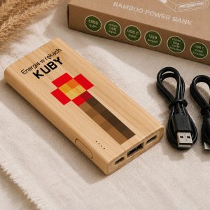 Power bank made of bamboo with pixelated torch design and text; includes USB and USB-C cables next to it.