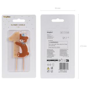 Świeczka urodzinowa w kształcie liczby 1, z wzorem misia trzymającego się boku, umieszczona w przezroczystym opakowaniu, z wymiarami 95 mm szerokości i 175 mm wysokości.