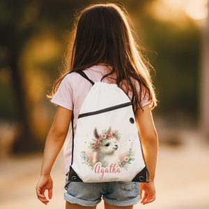 Worek na sznurkach z motywem zwierzęcym i imieniem dziecka.