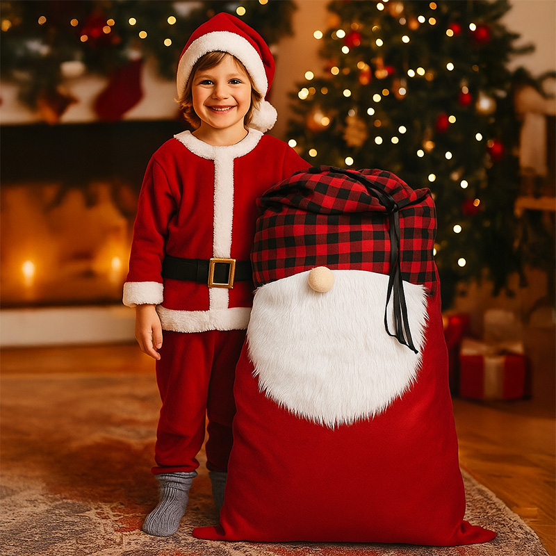 Mały chłopiec uśmiecha się, przebrany za Świętego Mikołaja, stojąc obok dużego, pluszowego worka w kształcie Mikołaja w czerwono-czarną kratę, w tle choinka z migoczącymi światłami i ozdobami.