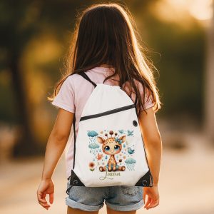Plecak worek dla przedszkolaka z nadrukiem i personalizacją w postaci imienia.