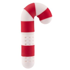 Zabawka w kształcie cukierka w kolorze białym z czerwonymi paskami i wićmi na górze, z perforacjami w dolnej części.
