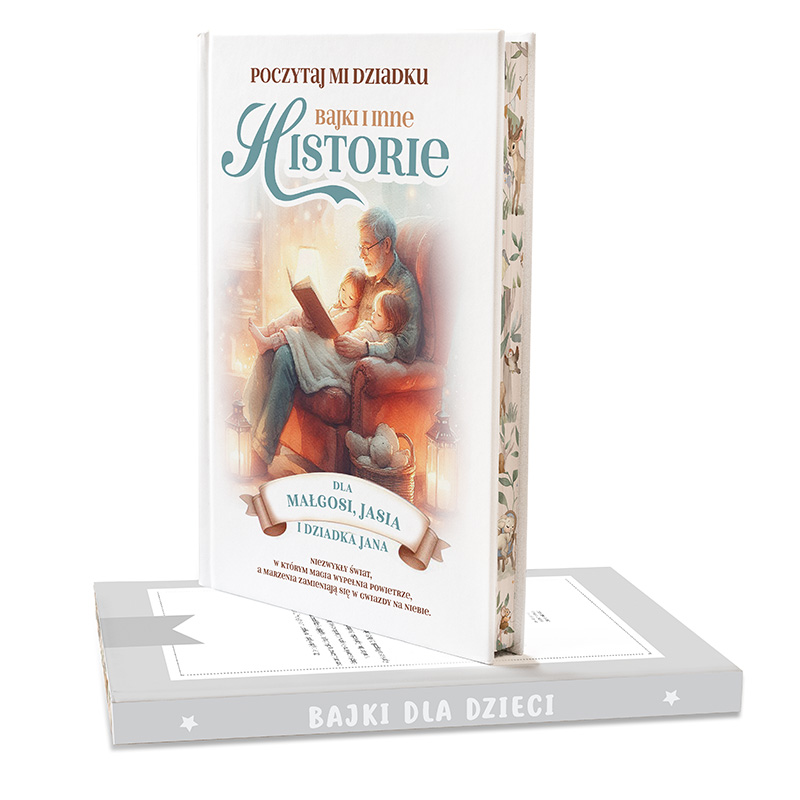 Ilustrowana okładka książki z tytułem 'Bajki i inne Historie', przedstawiająca dziadka czytającego dzieciom, na tle przytulnego wnętrza z lampami i dekoracjami. Widoczne także inne elementy wkomponowane w projekt książki, z tekstem skierowanym do Małgosi, Jasia i Dziadka Jana.