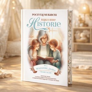 Okładka książki zatytułowanej "Bajki i inne historie" z napisem "Poczytaj mi babciu". Na ilustracji widoczna jest babcia z siwymi włosami, trzymająca książkę, siedząca między dwojgiem dzieci – dziewczynką i chłopcem, którzy słuchają jej z uwagą. W tle jasne, przytulne wnętrze z miękkim oświetleniem.