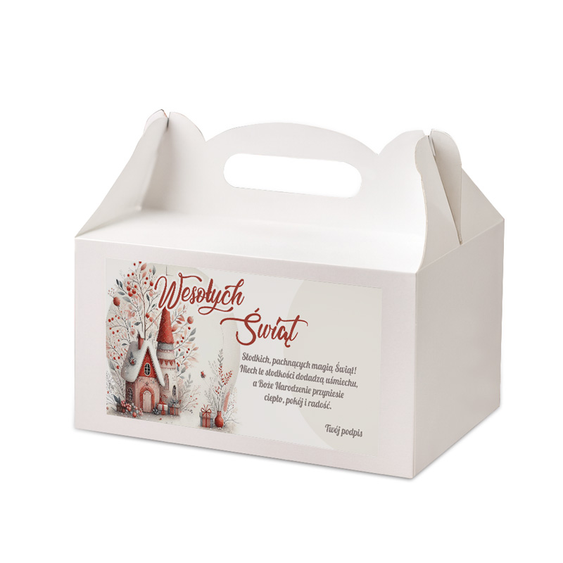 Biały kartonowy pojemnik na ciasto z uchwytem, z nadrukiem życzeń świątecznych 'Wesołych Świąt' i ilustracją domku otoczonego roślinnością i prezentami.