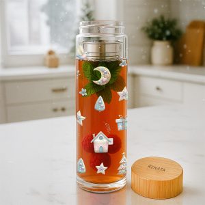 Transparent bottle filled with a reddish drink, decorated with mint leaves and illustrated festive elements like a crescent moon, snowflakes, and a small house, sitting on a kitchen countertop with a bamboo lid next to it.