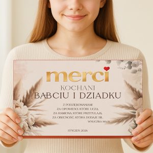 Młoda kobieta trzyma w dłoniach podziękowanie dla babci i dziadka, napisane na eleganckim tle z kwiatowymi motywami, zawierające słowa uznania i datę styczeń 2026.