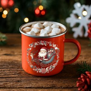 Czerwony kubek z gorącą czekoladą i piankami, ozdobiony ilustracją Świętego Mikołaja na saniach z reniferem. Tło pełne świątecznych światełek i dekoracji.