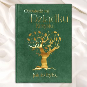 Zielona okładka książki z tytułem 'Opowiedz mi Dziadku Krzysiu jak to było...' w złotym kolorze oraz ilustracją drzewa w złocie, leżąca na białym tle.
