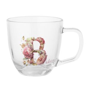 kubek-szklany-b-jak-babcia.jpg Szklanka z przezroczystego szkła z ozdobnym nadrukiem litery 'B' w stylu kwiatowym oraz napisem 'babcia' pod spodem.