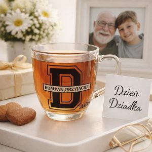 Szklanka herbaty z napisem "KOMPAN, PRZYJACIEL" oraz dużą literą "D" i podpisem "dziadek" obok kartki z napisem "Dzień Dziadka". W tle widoczna ramka ze zdjęciem starszego mężczyzny i chłopca, a także kwiaty oraz prezent z kokardą na stole.