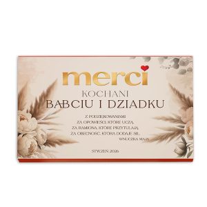 Elegancka kartka z napisem 'merci' oraz tytułem 'Kochani Babciu i Dziadku', otoczona delikatnymi kwiatami i liśćmi, z podziękowaniami dla dziadków za ich wsparcie i obecność, data 'Styczeń 2026'.