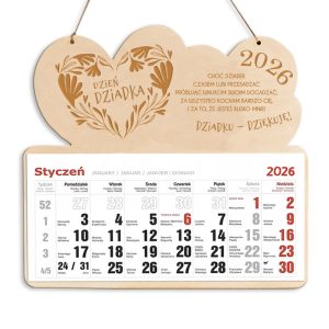 prezent-na-dzien-dziadka-w-formie-wiszacego-kalendarza-z-drewna Kalendarz na rok 2026, w kształcie serca, z napisem 'Dzień Dziadka' oraz podziękowaniem dla dziadka, zawierający miesiąc styczeń z datami i dniami tygodnia.