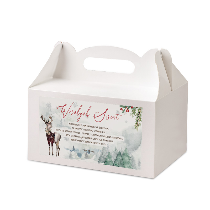 Biały kartonowy pojemnik z uchwytem, na którym znajduje się ozdobny nadruk z napisem 'Wesołych Świąt', przedstawiający renifera oraz delikatne zimowe tło z drzewami i płatkami śniegu. W treści życzenia nawiązujące do spełnienia świątecznych marzeń.