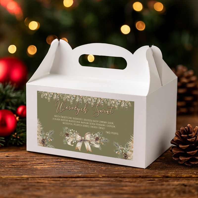 Biała pudełko na prezenty z napisem 'Wesołych Świąt' oraz dekoracyjnym motywem bożonarodzeniowym, umieszczone na drewnianym stole z ozdobami w tle, w tym choinkowym gałązkami i bombkami.