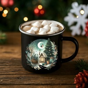 Czarny kubek z gorącą czekoladą, na wierzchu pokryty piankami marshmallow, z ozdobnym motywem przedstawiającym zimowy krajobraz, w tle świąteczne ozdoby w rozmyciu.